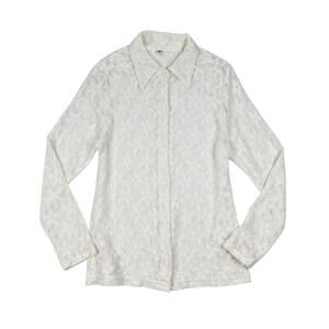 White Stretch Lace Button Front Blouse Top Y2K Romantic Size L Cool Wear USA